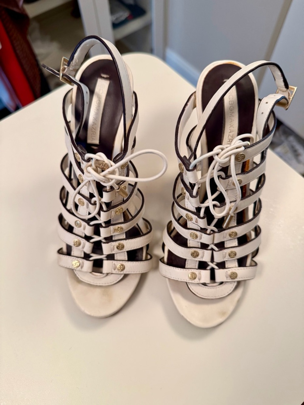 BCBG Max Azria White Strappy Gladiator Heels | Gold Stud Detail Lace up Size 38